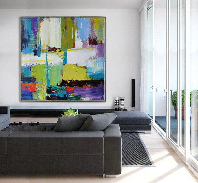 Oversized Palette Knife Painting Contemporary Art On Canvas,Big Painting,Green,Yellow,White,Purple,Blue,Red